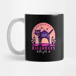 Halloween night, cartoon illustration of a roaring black cat Mug